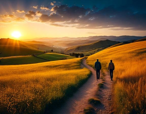 two people walking on a path in a field of grass Paartherapie